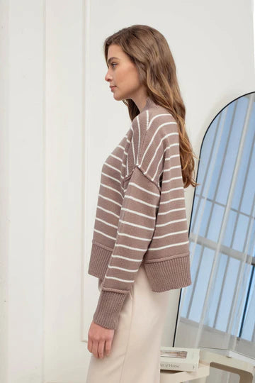 STRIPE MOCK NECK SIDE SPLIT KNIT PULLOVER SWEATER