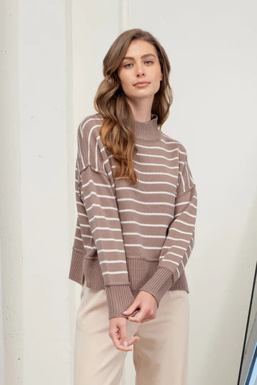 STRIPE MOCK NECK SIDE SPLIT KNIT PULLOVER SWEATER