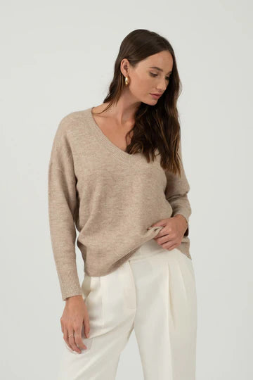 SOLID V NECK DROP SHOULDER KNIT SWEATER