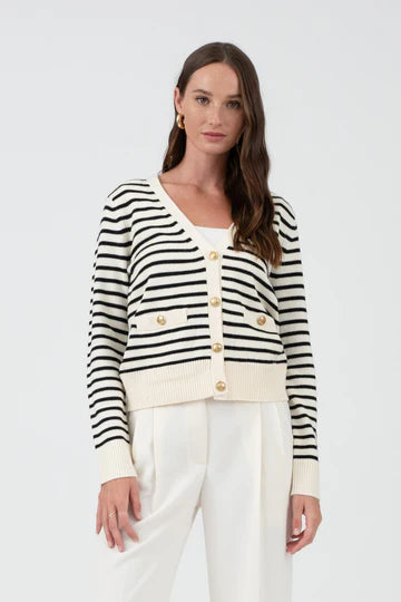 STRIPE V NECK GOLD BUTTON DOWN KNIT CARDIGAN