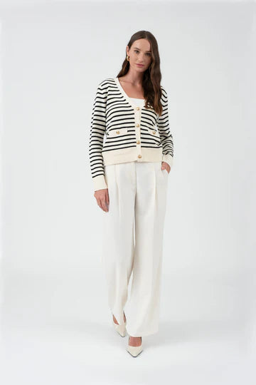 STRIPE V NECK GOLD BUTTON DOWN KNIT CARDIGAN