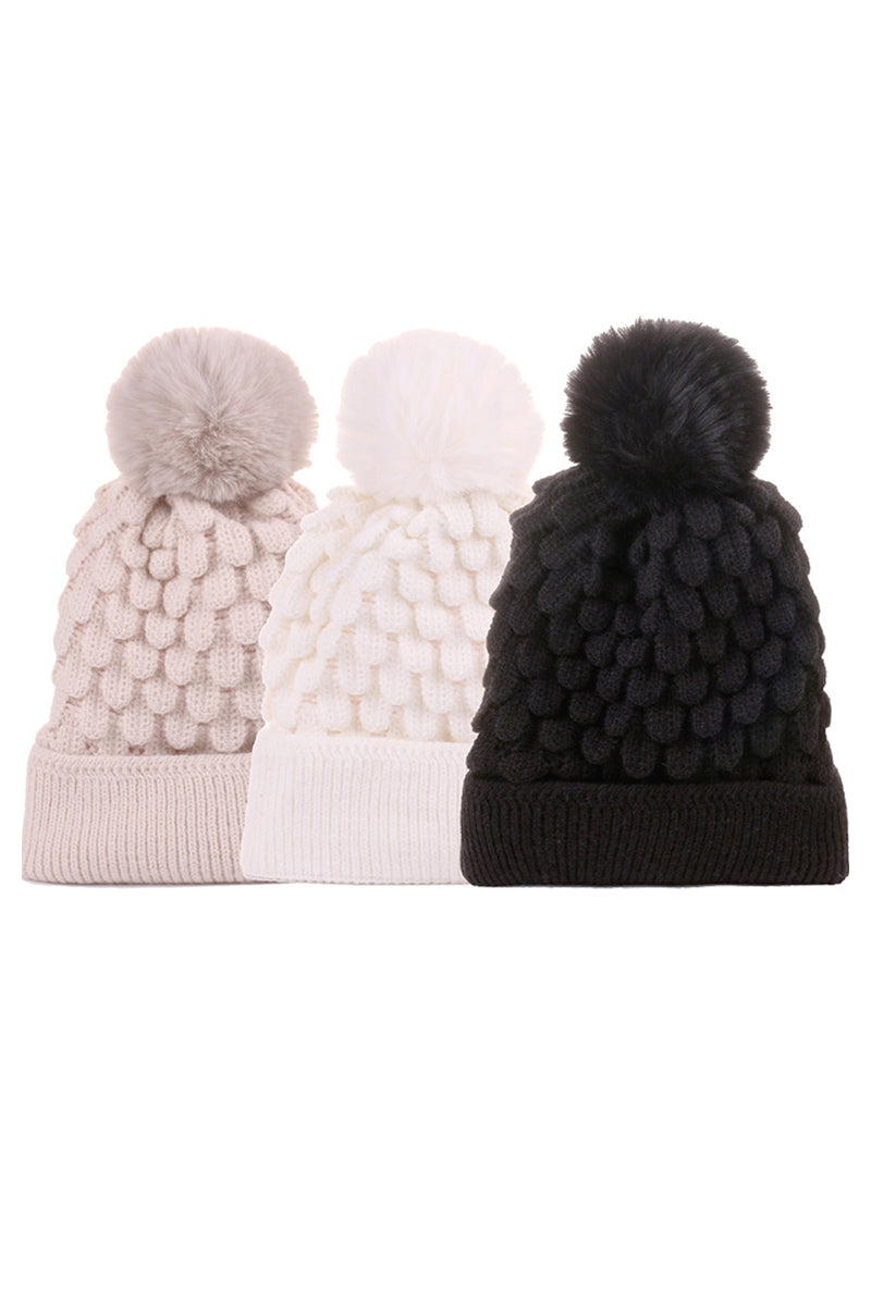 CABLE KNIT POM POM BEANIE WITH WARM LINING - 4 COLORS