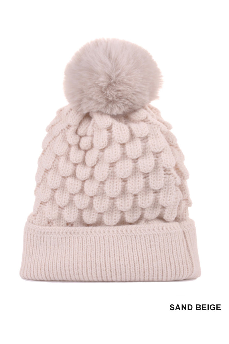 CABLE KNIT POM POM BEANIE WITH WARM LINING - 4 COLORS