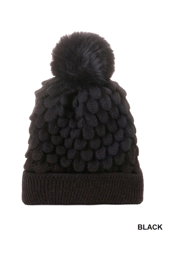 CABLE KNIT POM POM BEANIE WITH WARM LINING - 4 COLORS