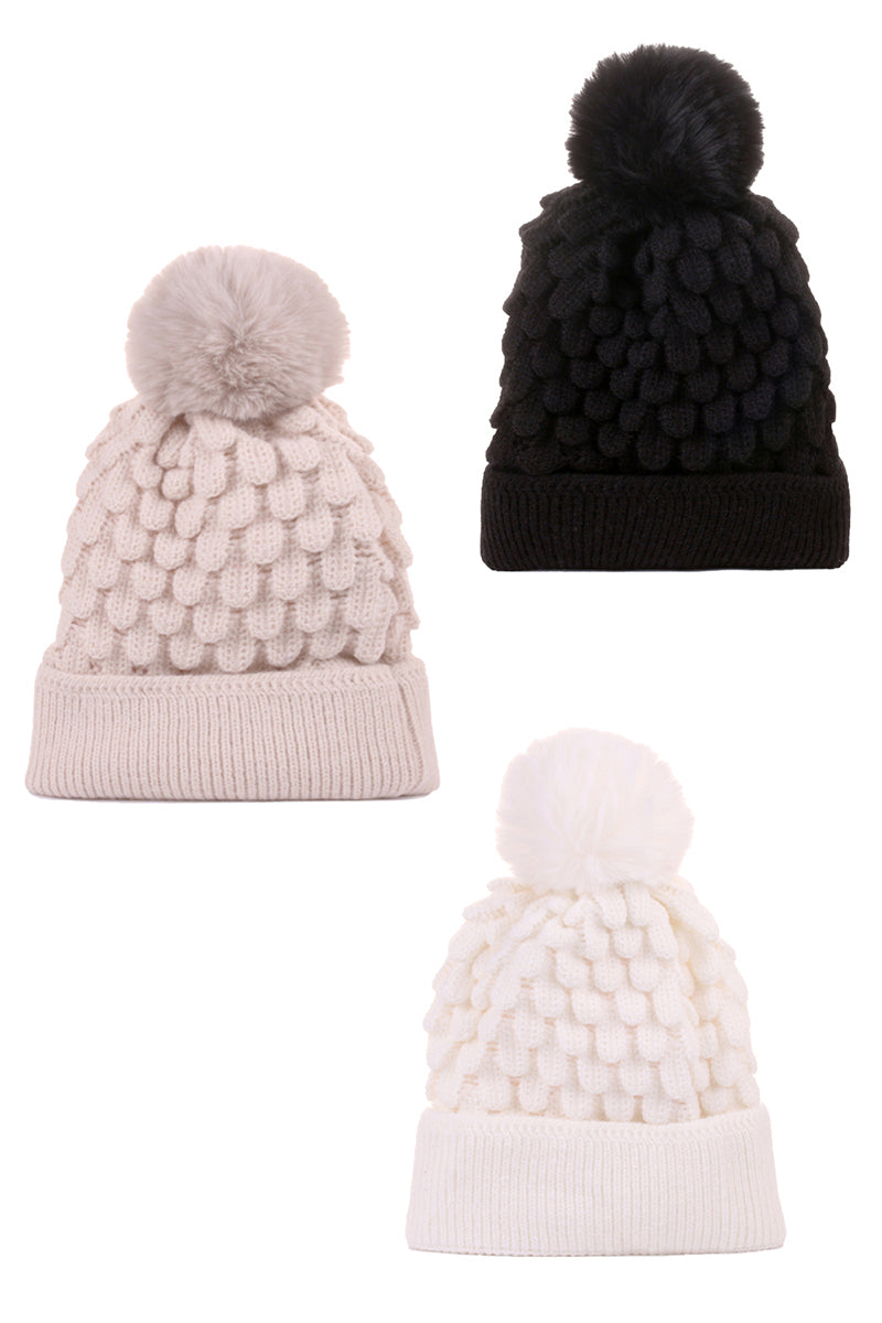 CABLE KNIT POM POM BEANIE WITH WARM LINING - 4 COLORS