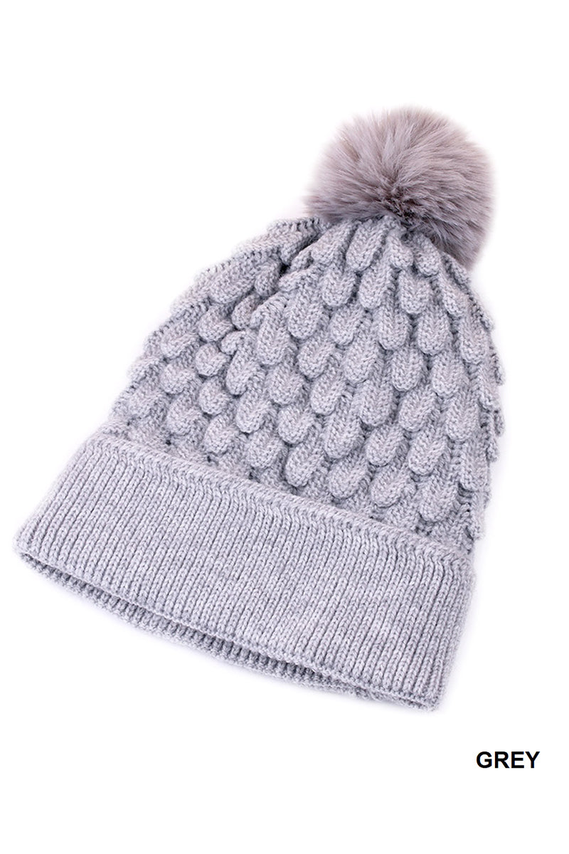 CABLE KNIT POM POM BEANIE WITH WARM LINING - 4 COLORS