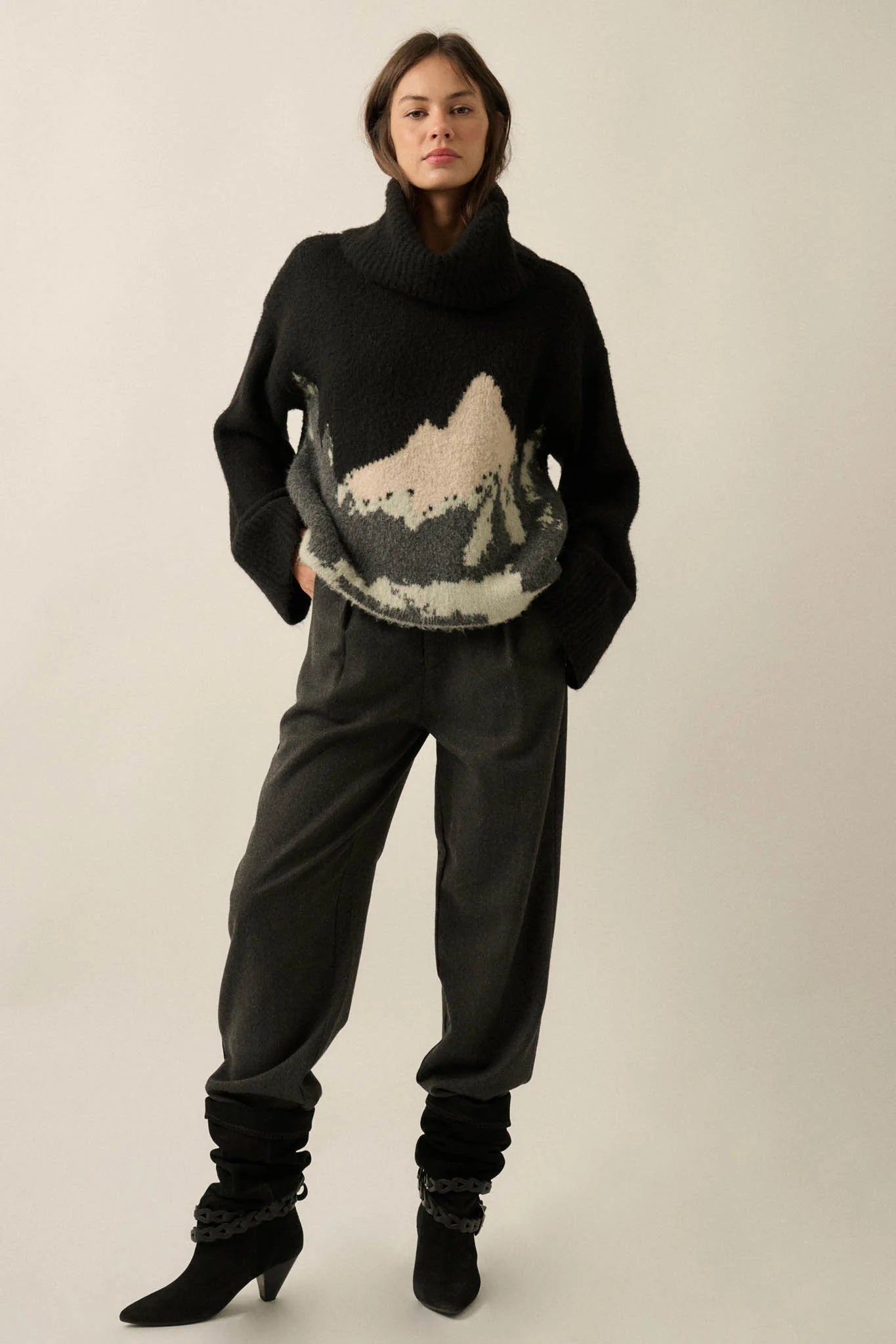 MOUNTAIN JACQUARD KNIT TURTLENECK SWEATER | BLACK