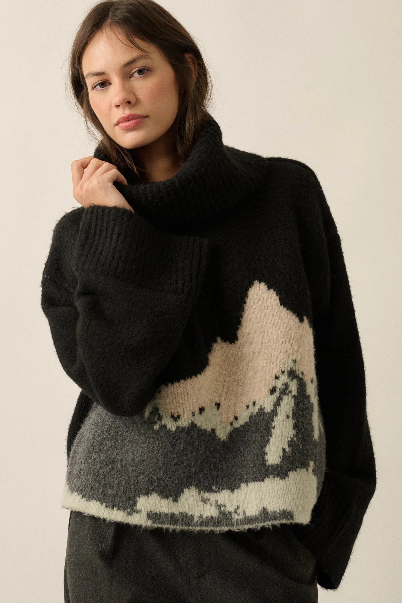 MOUNTAIN JACQUARD KNIT TURTLENECK SWEATER | BLACK