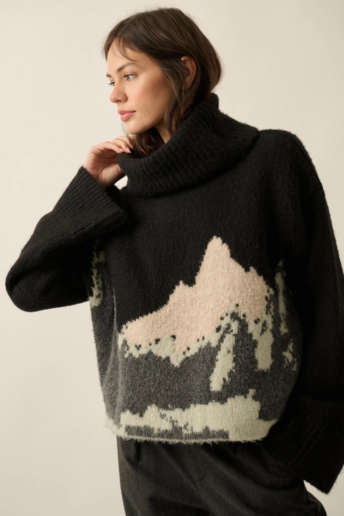 MOUNTAIN JACQUARD KNIT TURTLENECK SWEATER | BLACK