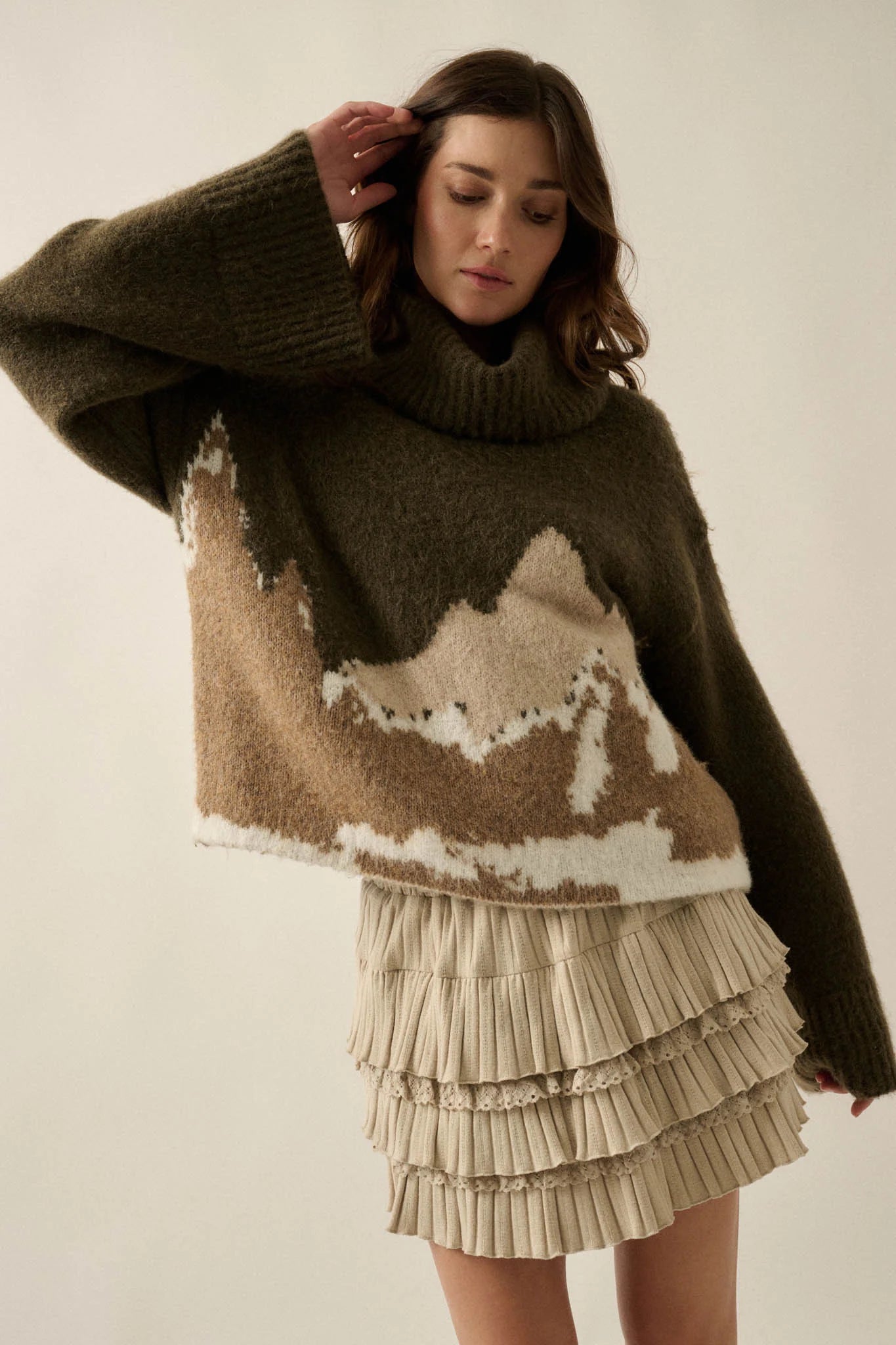 MOUNTAIN JACQUARD KNIT TURTLENECK SWEATER | OLIVE