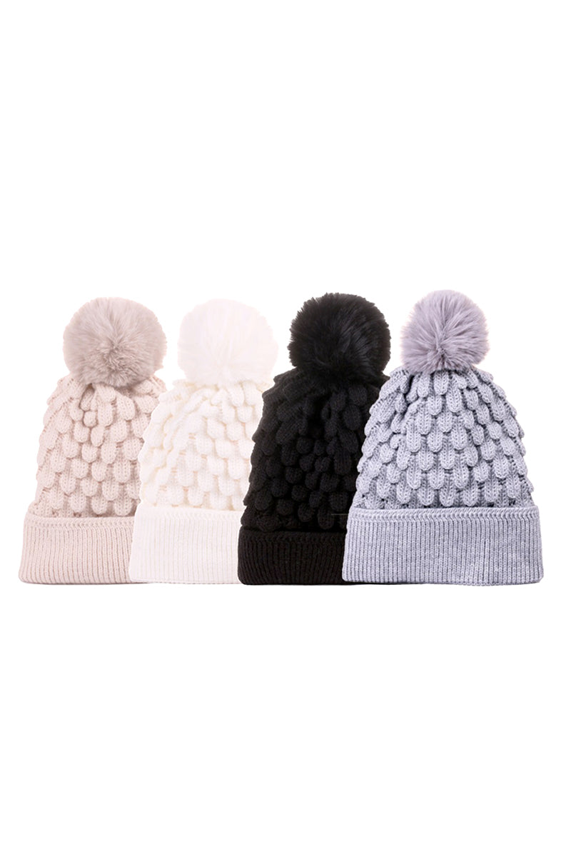 CABLE KNIT POM POM BEANIE WITH WARM LINING - 4 COLORS