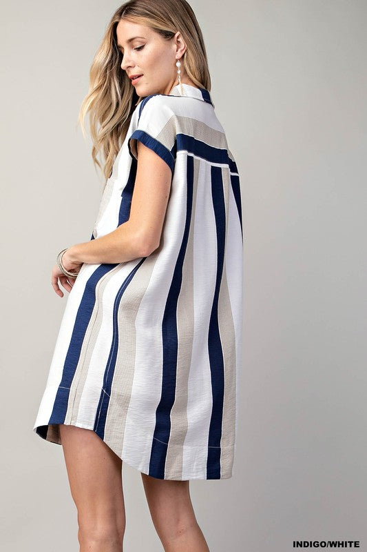 STRIP SHIRT COLLAR TUNIC DRESS - NAVY