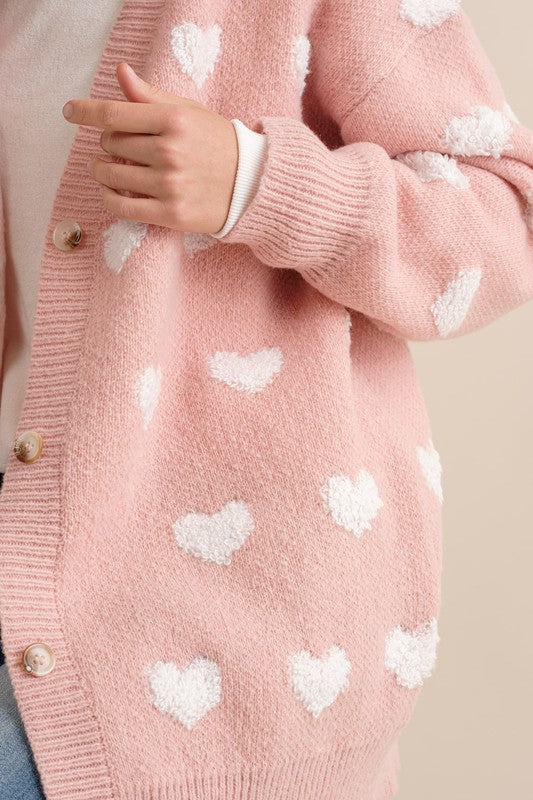 ALL OVER HEART PATTERN SWEATER CARDIGAN