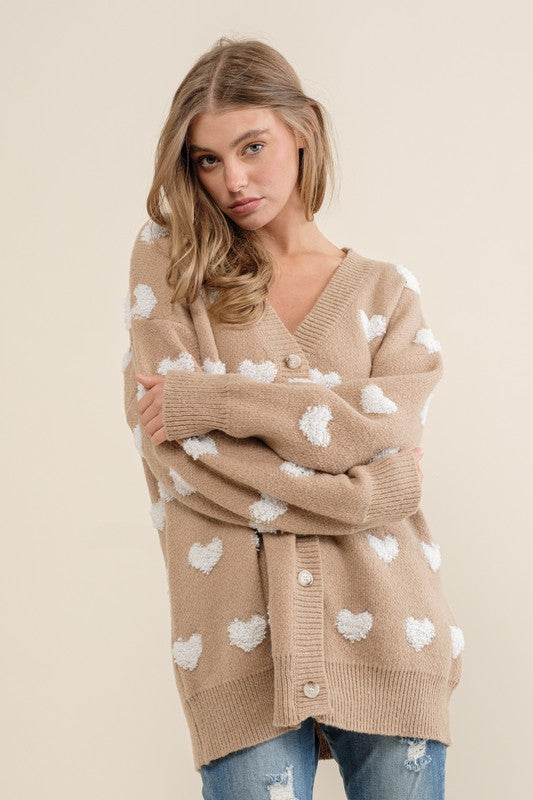 ALL OVER HEART PATTERN SWEATER CARDIGAN