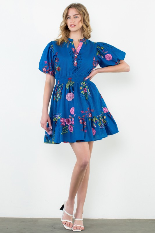 BY THML | THE EMBROIDERED PUFF SLEEVE SMOCKED DRESS