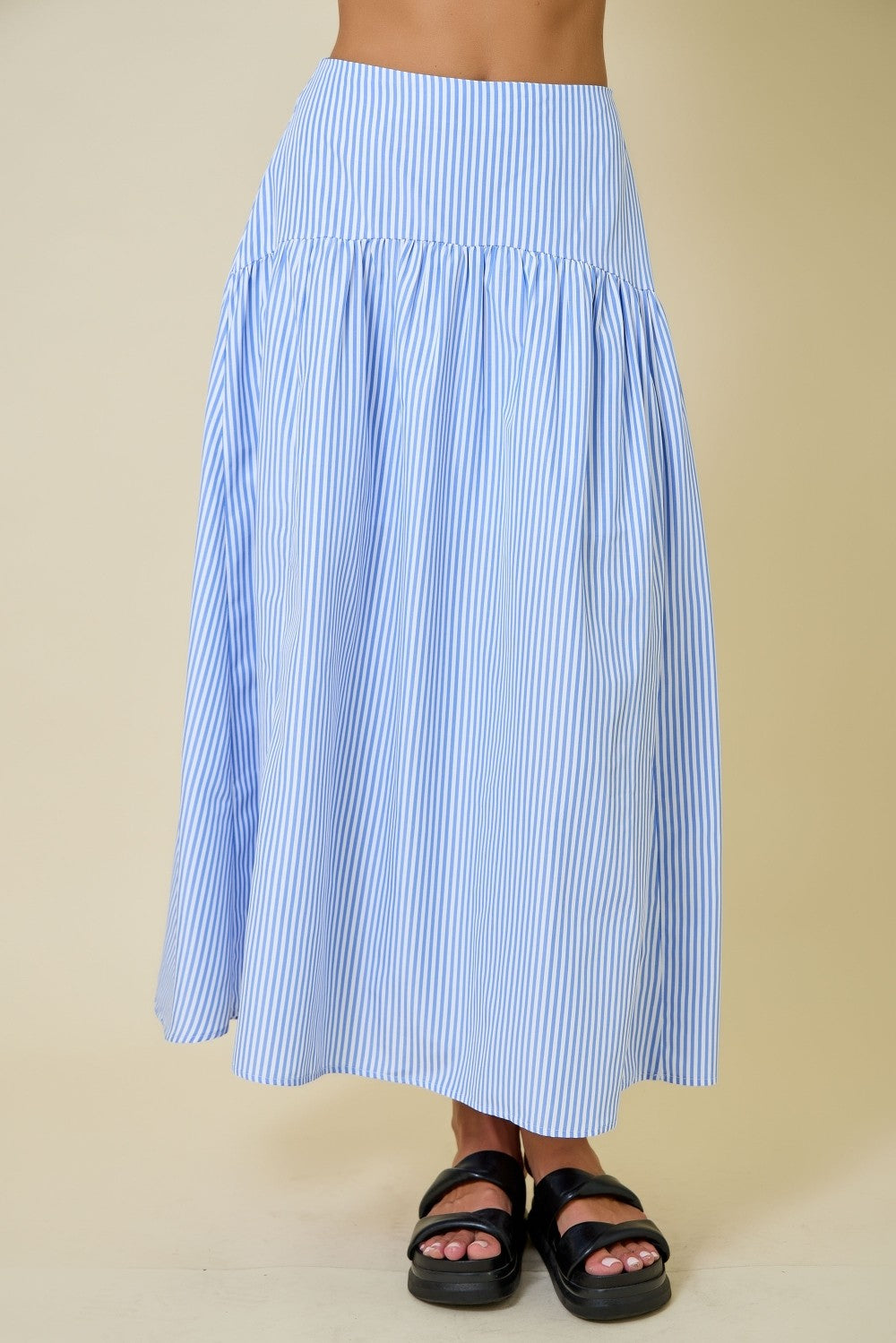 STRIPE FLARED MAXI SKIRT WITH CURVED YOKE