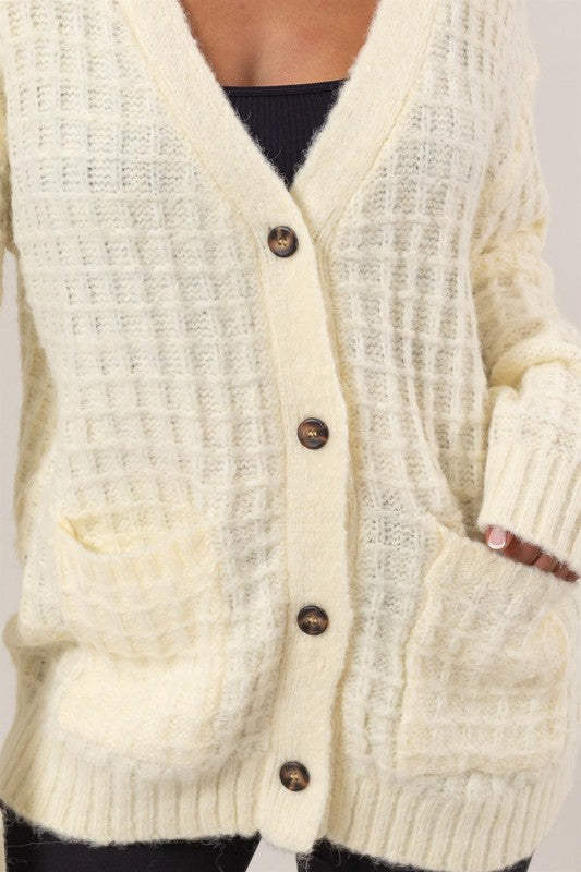 WAFFLE KNIT CARDIGAN SWEATER