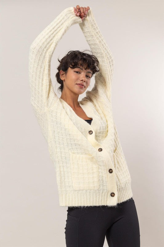 WAFFLE KNIT CARDIGAN SWEATER