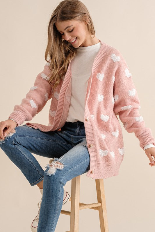 ALL OVER HEART PATTERN SWEATER CARDIGAN