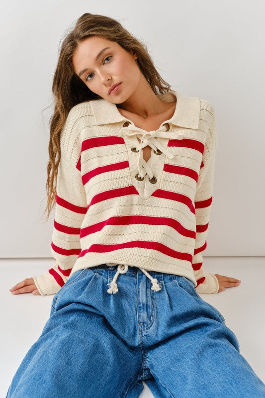 THE LACE UP STRIPE SWEATER