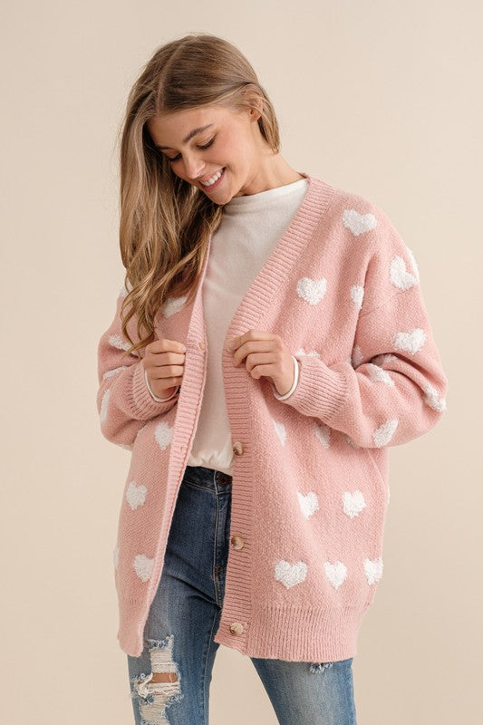 ALL OVER HEART PATTERN SWEATER CARDIGAN