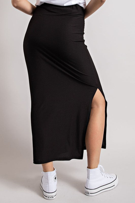 RIBBED KNIT MIDI SKIRT WITH SLIT