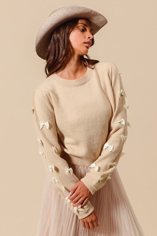 SWEATER TOP WITH BOW RIBBON APPLIQUE EMBELLISHED