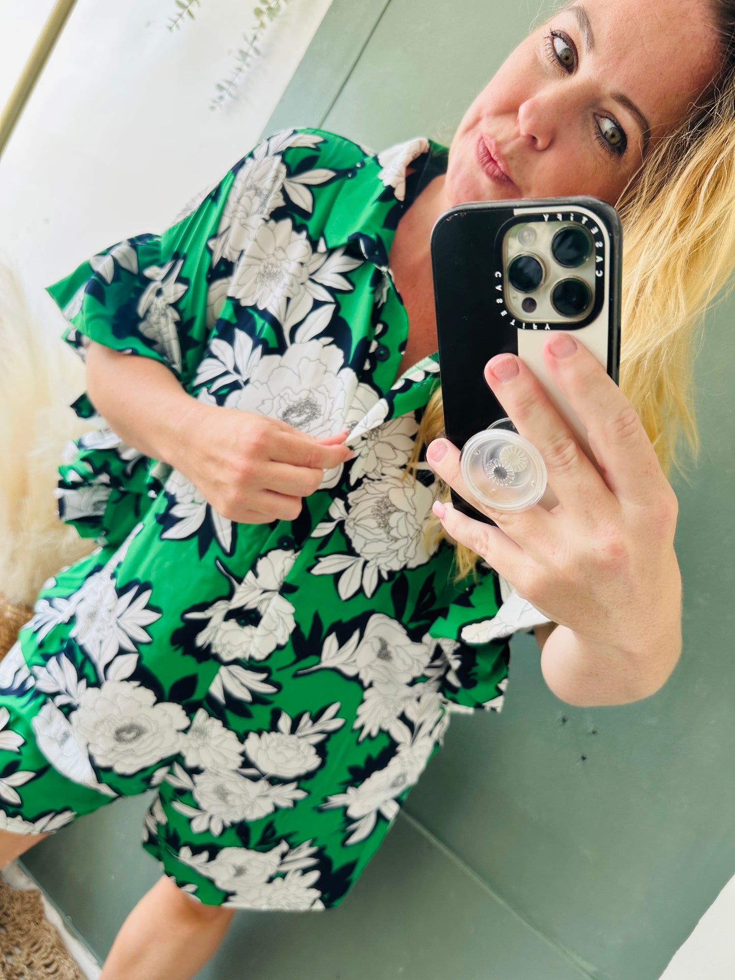 BOXY BUTTON UP RUFFLED SLEEVE ROMPER
