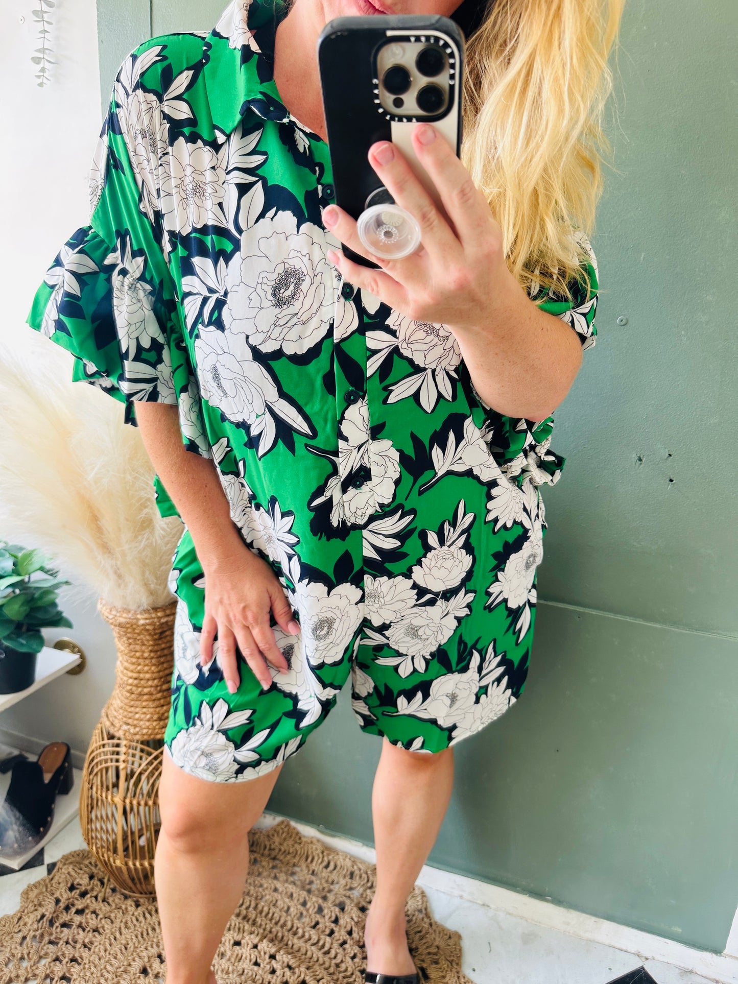 BOXY BUTTON UP RUFFLED SLEEVE ROMPER