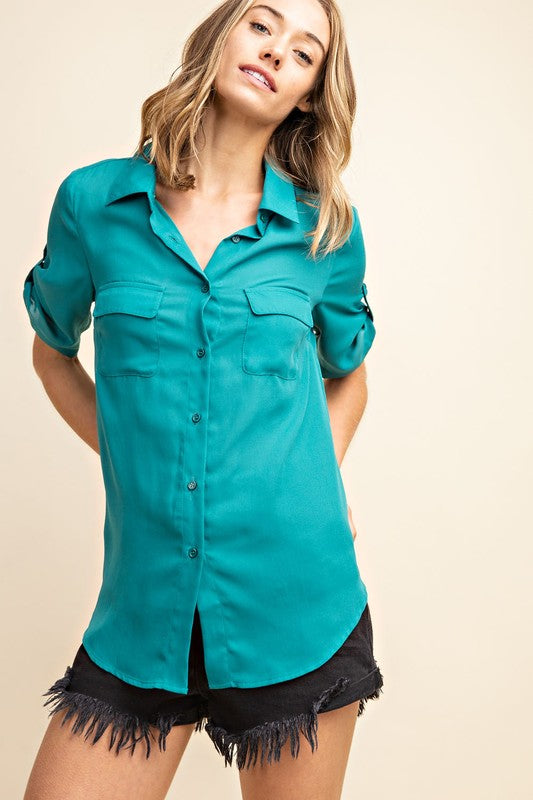 TAB-UP SLEEVES TOP - TEAL