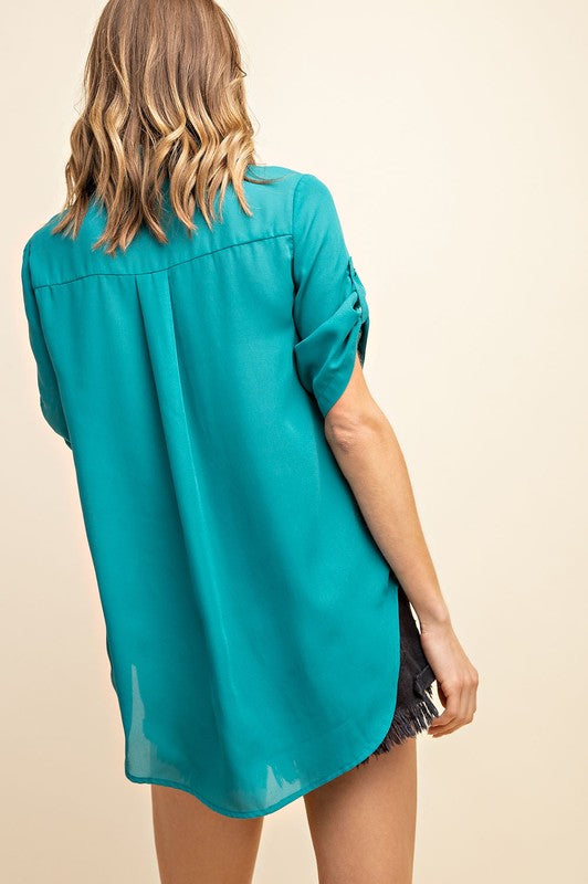 TAB-UP SLEEVES TOP - TEAL