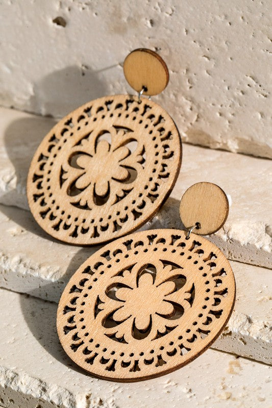 RUSTIC NATURAL WOOD FILIGREE EARRINGS