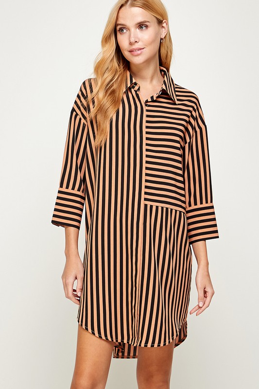 STRIPED CURVED HEM DRESS - MOCHA