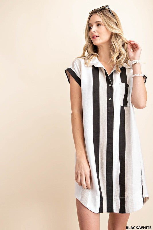 STRIP SHIRT COLLAR TUNIC DRESS - BLACK