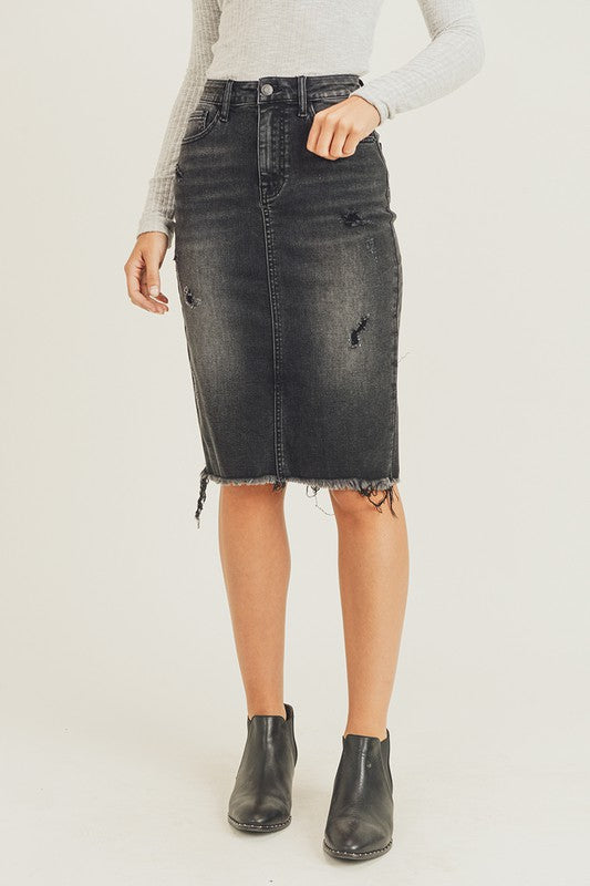 BLACK FRAYED HEM MIDI SKIRT