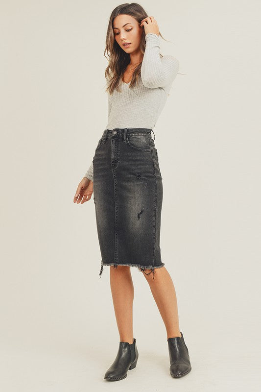 BLACK FRAYED HEM MIDI SKIRT