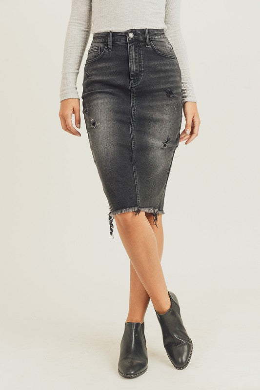 BLACK FRAYED HEM MIDI SKIRT