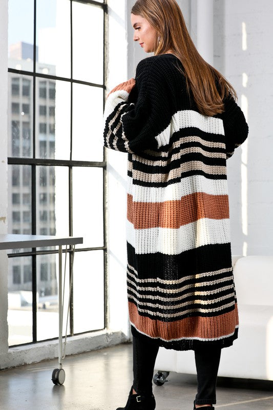 OPEN FRONT WIDE SLEEVE LONG SWEATER CARDIGAN - BLACK