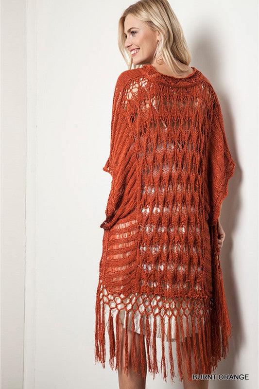 CROCHET FRINGE CARDIGAN - BURNT ORANGE