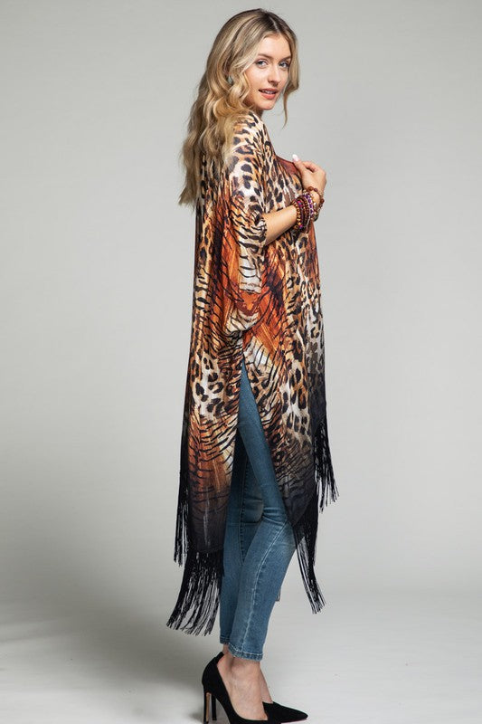 LEOPARD FRINGE KIMONO