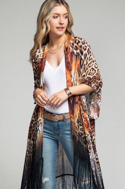 LEOPARD FRINGE KIMONO