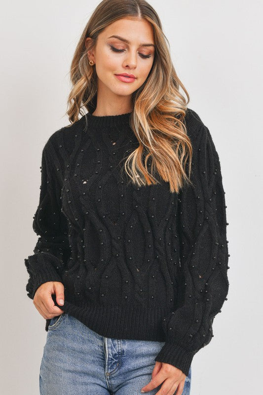 PEARL EMBILLISHED CABLE KNIT SWEATER