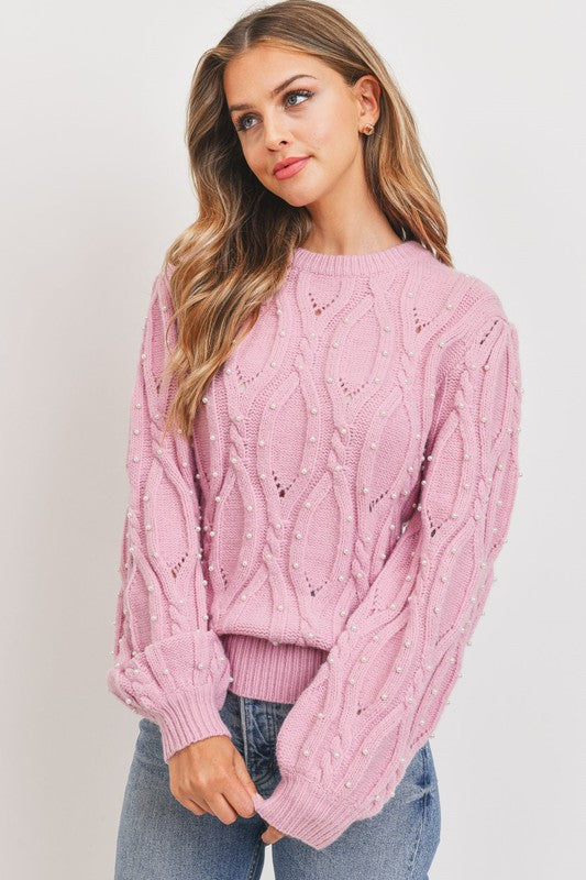 PEARL EMBILLISHED CABLE KNIT SWEATER