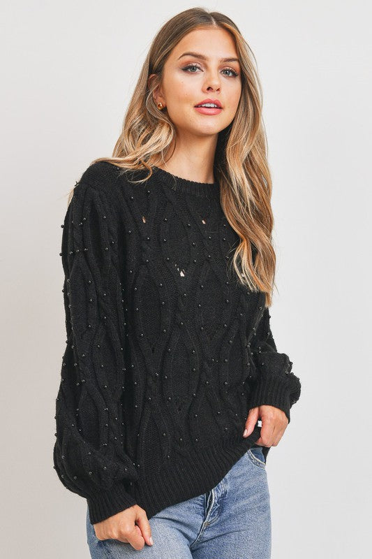 PEARL EMBILLISHED CABLE KNIT SWEATER