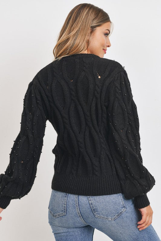 PEARL EMBILLISHED CABLE KNIT SWEATER