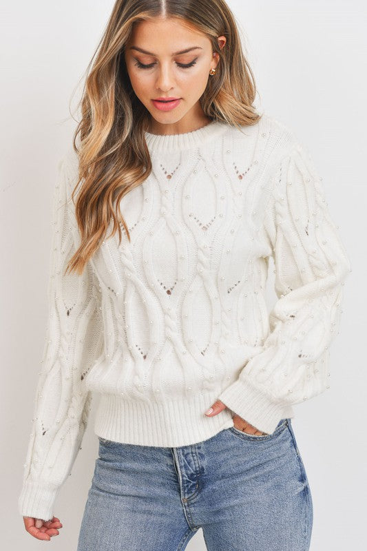 PEARL EMBILLISHED CABLE KNIT SWEATER