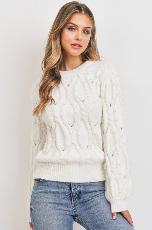 PEARL EMBILLISHED CABLE KNIT SWEATER