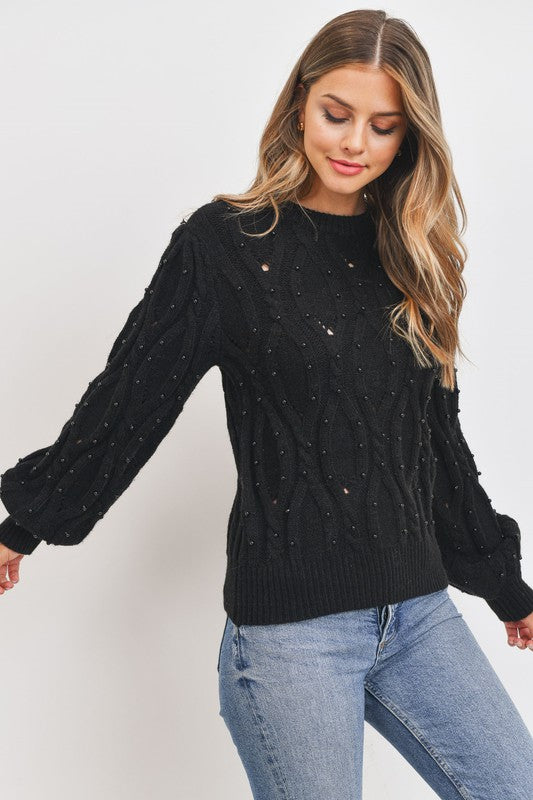 PEARL EMBILLISHED CABLE KNIT SWEATER