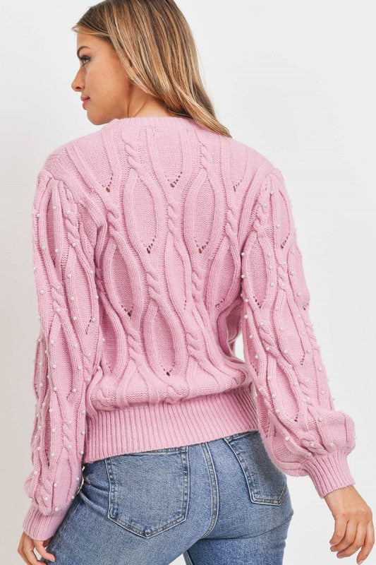 PEARL EMBILLISHED CABLE KNIT SWEATER