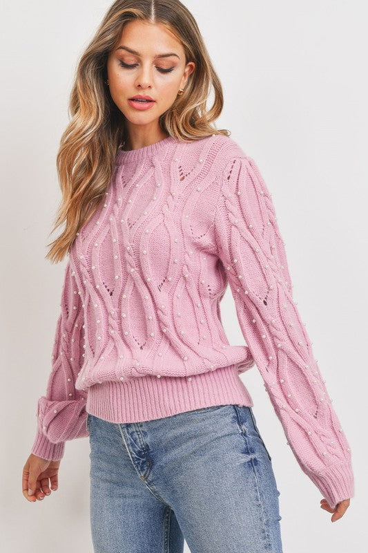PEARL EMBILLISHED CABLE KNIT SWEATER